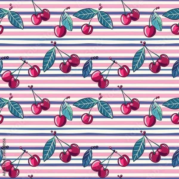 Obraz Whimsical Watercolor Cherry Pattern in Vintage Style, Featuring Soft Hues and Playful Sweet Fruit in Seamless Repeat
