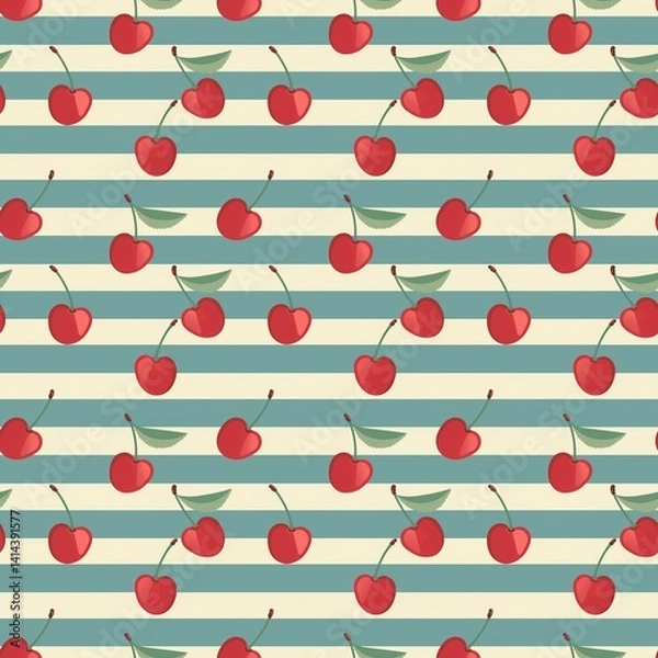 Obraz Whimsical Watercolor Cherry Pattern in Vintage Style, Featuring Soft Hues and Playful Sweet Fruit in Seamless Repeat