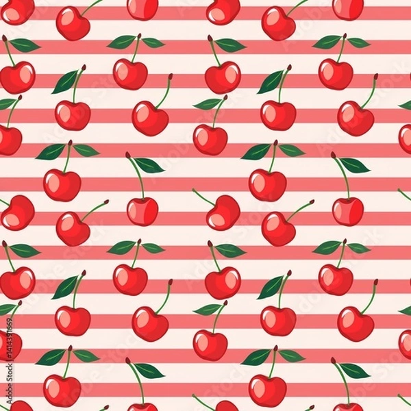 Obraz Whimsical Watercolor Cherry Pattern in Vintage Style, Featuring Soft Hues and Playful Sweet Fruit in Seamless Repeat