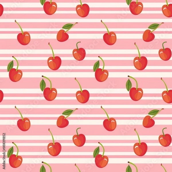 Obraz Whimsical Watercolor Cherry Pattern in Vintage Style, Featuring Soft Hues and Playful Sweet Fruit in Seamless Repeat