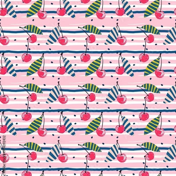 Obraz Whimsical Watercolor Cherry Pattern in Vintage Style, Featuring Soft Hues and Playful Sweet Fruit in Seamless Repeat