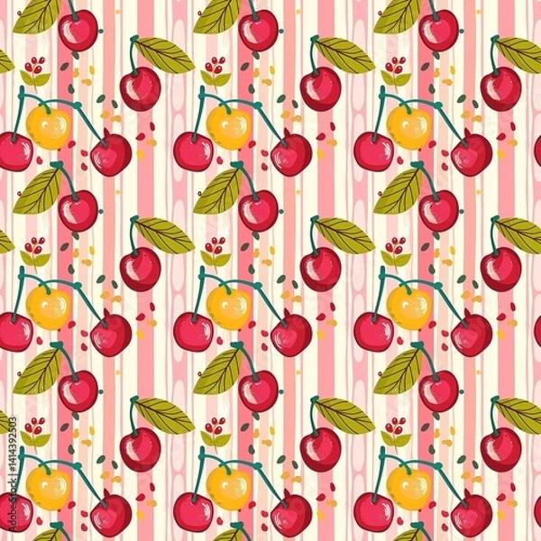 Obraz Whimsical Watercolor Cherry Pattern in Vintage Style, Featuring Soft Hues and Playful Sweet Fruit in Seamless Repeat
