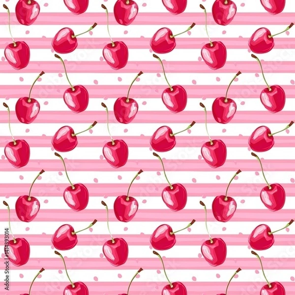 Obraz Whimsical Watercolor Cherry Pattern in Vintage Style, Featuring Soft Hues and Playful Sweet Fruit in Seamless Repeat