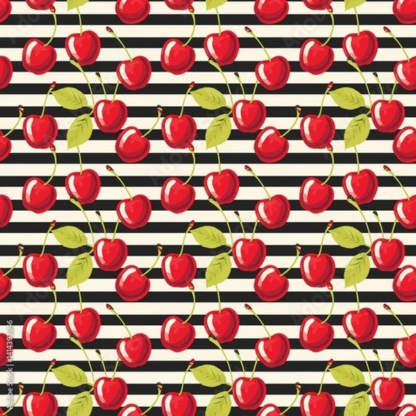 Obraz Whimsical Watercolor Cherry Pattern in Vintage Style, Featuring Soft Hues and Playful Sweet Fruit in Seamless Repeat