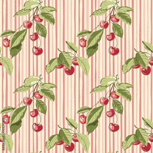 Obraz Whimsical Watercolor Cherry Pattern in Vintage Style, Featuring Soft Hues and Playful Sweet Fruit in Seamless Repeat