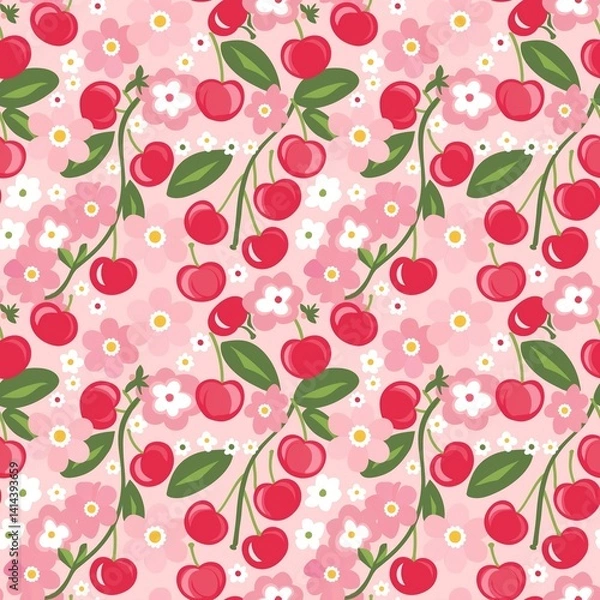 Obraz Whimsical Watercolor Cherry Pattern in Vintage Style, Featuring Soft Hues and Playful Sweet Fruit in Seamless Repeat