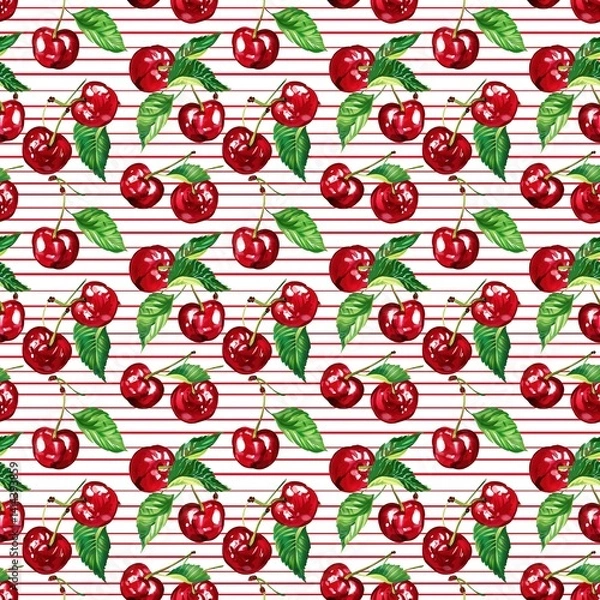 Obraz Whimsical Watercolor Cherry Pattern in Vintage Style, Featuring Soft Hues and Playful Sweet Fruit in Seamless Repeat