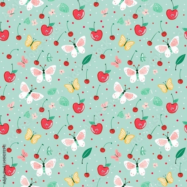 Obraz Whimsical Watercolor Cherry Pattern in Vintage Style, Featuring Soft Hues and Playful Sweet Fruit in Seamless Repeat