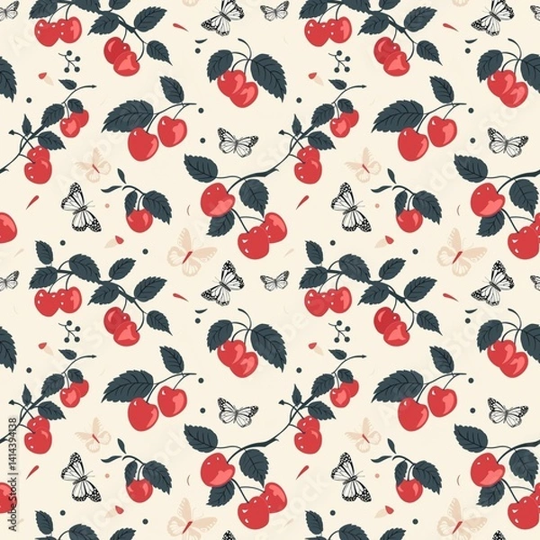 Obraz Whimsical Watercolor Cherry Pattern in Vintage Style, Featuring Soft Hues and Playful Sweet Fruit in Seamless Repeat