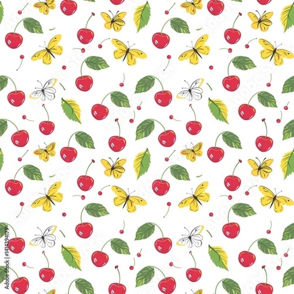 Obraz Whimsical Watercolor Cherry Pattern in Vintage Style, Featuring Soft Hues and Playful Sweet Fruit in Seamless Repeat