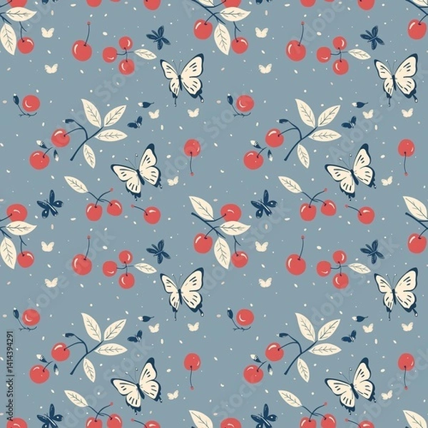 Obraz Whimsical Watercolor Cherry Pattern in Vintage Style, Featuring Soft Hues and Playful Sweet Fruit in Seamless Repeat