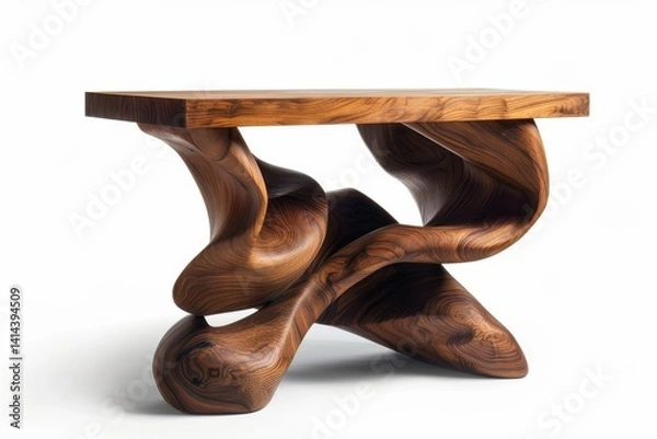 Fototapeta Artistic wooden table with unique swirling design showcasing craftsmanship and modern elegance isolated on transparent background