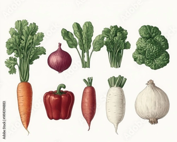 Obraz A vintage illustration featuring various vegetables including carrots, peppers, onions, and lettuce arranged artistically on a light background.