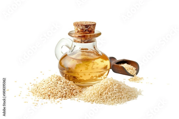Fototapeta A beautifully arranged display of golden sesame oil and seeds on a pristine white background isolated on transparent background