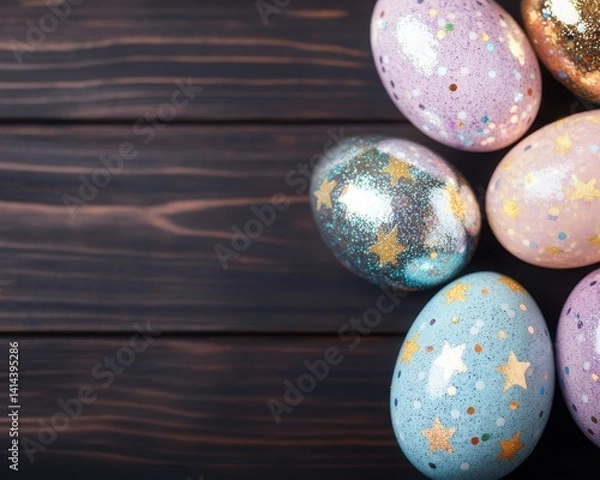 Obraz Colorful, glittery Easter eggs arranged on a dark wooden surface, evoking festive spring vibes and celebration.