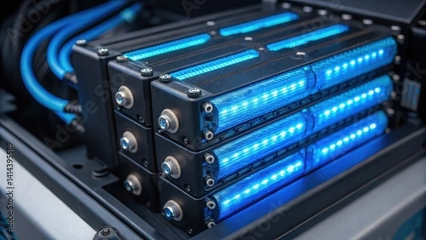 Obraz A close-up view of illuminated blue battery packs within a high-tech system, showcasing modern technology and intricate wiring.