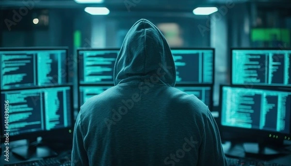 Fototapeta A person in a hoodie sits before multiple screens filled with code and data, creating a mysterious tech-focused atmosphere.