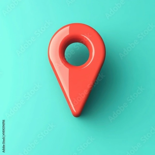 Fototapeta A glossy red location pin on a smooth turquoise background, symbolizing navigation and mapping technology.