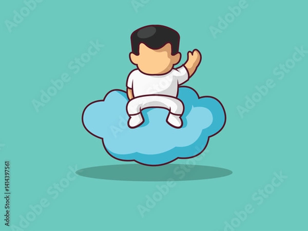 Fototapeta Cute little boy sitting on cloud Cartoon Vector Icon Illustration. Premium Vector Isolated Science Technology Icon Concept. Flat Cartoon Style.