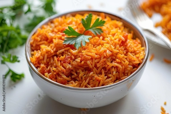 Fototapeta Delicious bowl of vibrant jollof rice garnished with fresh herbs on a bright surface isolated on transparent background