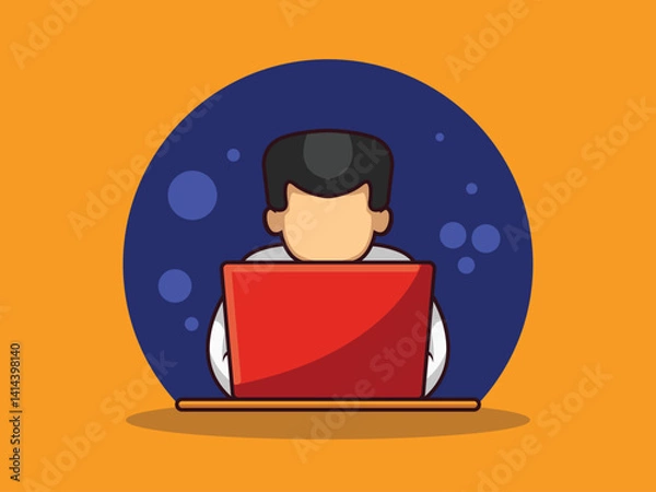 Fototapeta Cute Little Boy Operating Laptop Cartoon Vector Icon Illustration. Premium Vector Isolated Science Technology Icon Concept. Flat Cartoon Style.