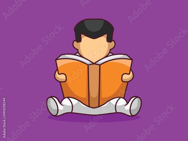 Fototapeta Cute little boy reading book Cartoon Vector Icon Illustration. Premium Vector Isolated Science Technology Icon Concept. Flat Cartoon Style.