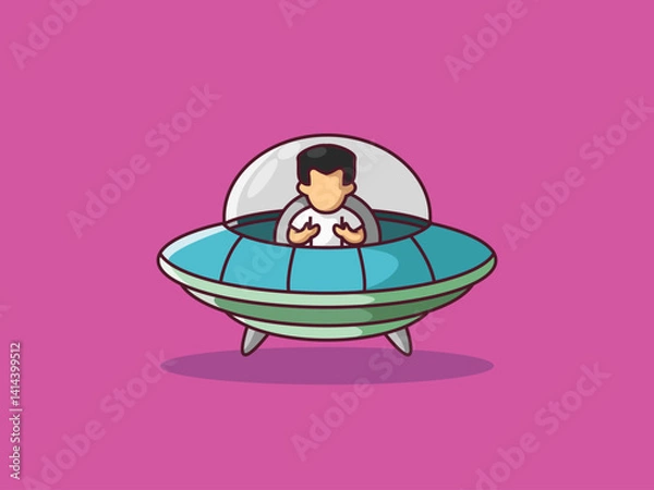 Fototapeta Cute little boy riding a ufo Cartoon Vector Icon Illustration, Premium Vector Isolated Science Technology Icon Concept. Flat Cartoon Style.