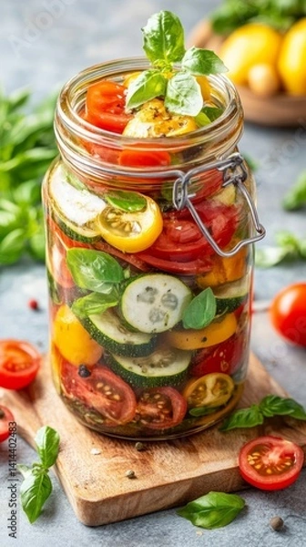 Fototapeta Freshly layered sliced cucumbers, tomatoes, and herbs in a jar create a vibrant display, perfect for adding flavor to summer grilled dishes and BBQs