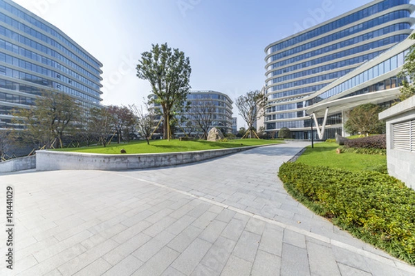 Fototapeta Empty floor with modern business office building