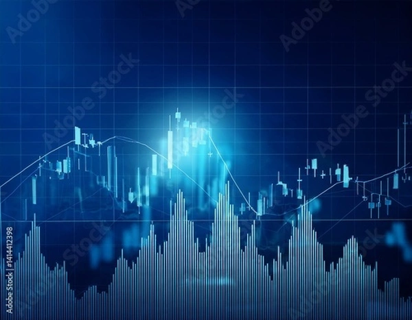 Obraz Business candle stick graph chart of stock market investment trading on blue background.