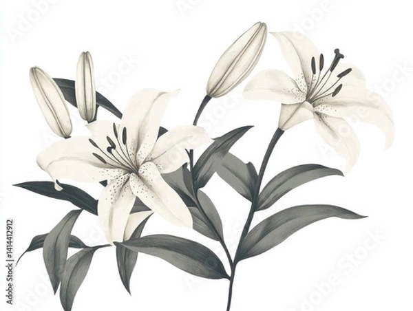 Obraz Elegant botanical illustration of white lilies with gray leaves on a white background artistic floral drawing