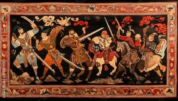 Fototapeta Vintage tapestry displaying a historical battle scene with warriors and horses intricately woven