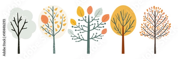 Fototapeta Set of tree and leaf collection hand drawn flat design vector element. botanical set of bare trees and ones with leaves and lush green