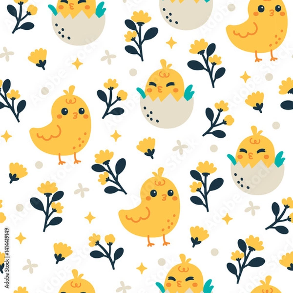 Fototapeta A cheerful seamless pattern features cartoon yellow chicks alongside floral illustrations. The whimsical design is suitable for various applications, including textiles and decorative projects, convey