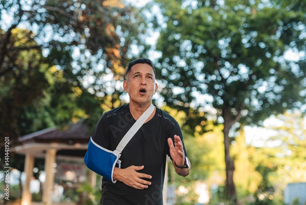Fototapeta Middle aged Southeast Asian man jogs quickly through park while wearing a medical sling, breathing heavily from exertion and effort.