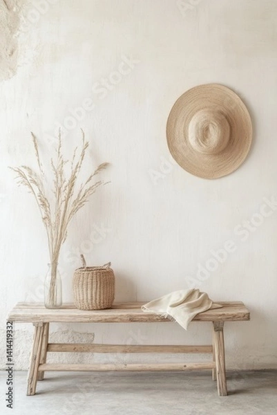 Obraz Serene interior scene with rustic bench, straw hat, woven basket, and dried grass against a cream wall