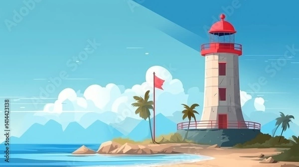 Fototapeta A lighthouse is on a beach with a red flag on top