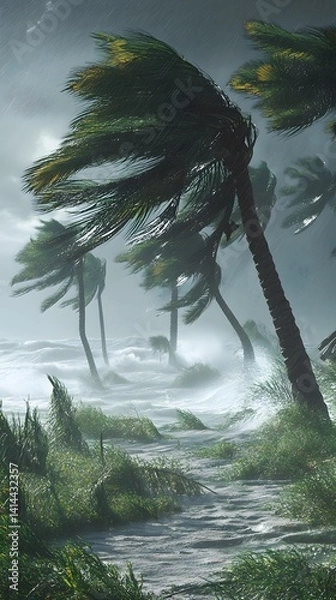 Fototapeta Gale force winds powerfully bend palm trees during a tropical storm, showcasing the beauty and fury of extreme weather conditions.