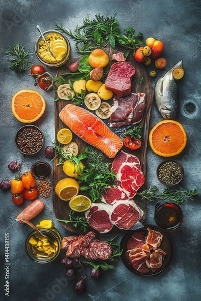 Fototapeta Overhead view of diverse fresh protein sources and colorful produce on a wooden board against a gray background