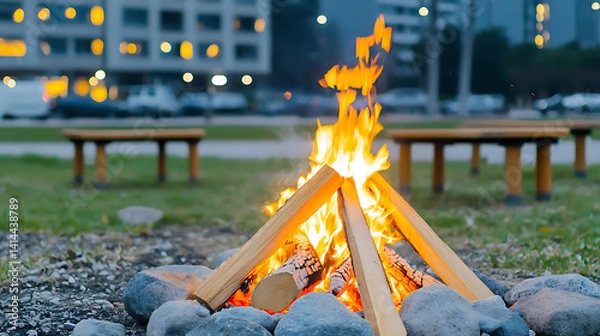 Obraz cozy campfire burns brightly in park, surrounded by stones and wooden benches, creating warm atmosphere