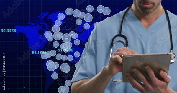 Fototapeta Image of caucasian doctor using tablet over world map