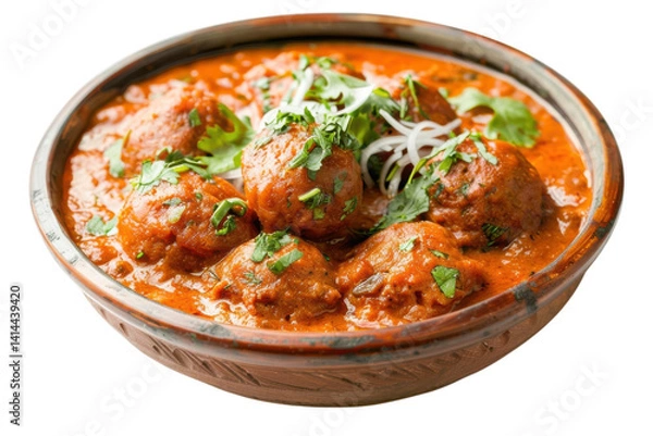 Fototapeta A delightful bowl of rich curry with soft, aromatic meatballs garnished with fresh herbs