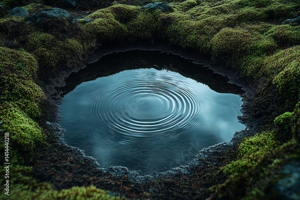 Obraz A small puddle of water surrounded by green moss, with ripples emanating from the center. The reflection of the sky is visible in the water, creating a peaceful and serene atmosphere 