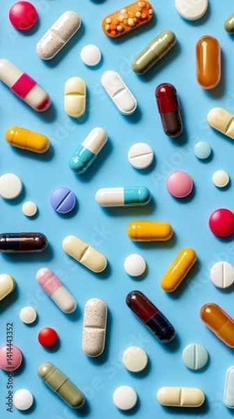 Fototapeta Colorful assortment of pills and capsules scattered on a vibrant blue surface, showcasing a variety of shapes and sizes, perfect for health and wellness themes.