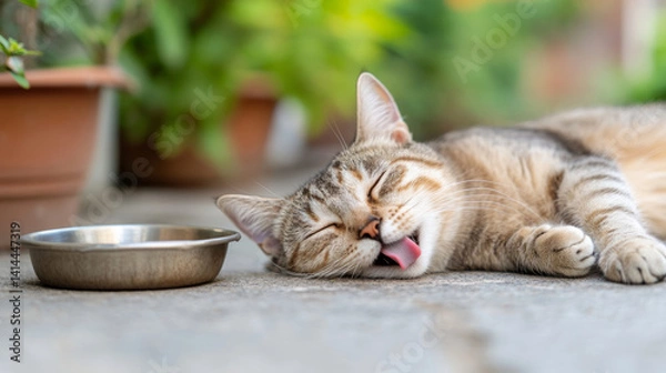 Fototapeta Relaxed cat lounging on soft beige pavement in serene garden setting