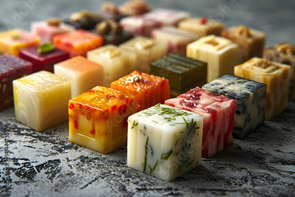 Fototapeta Variety of colorful cheese cubes arranged on a dark surface for an appetizing display suitable for a gathering