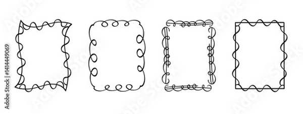 Obraz Frame doodle rectangular stamp, hand-drawn wavy curly monograms. Edgings and cadres with simple sketchy scribble swirl design elements. Isolated. Vector illustration.