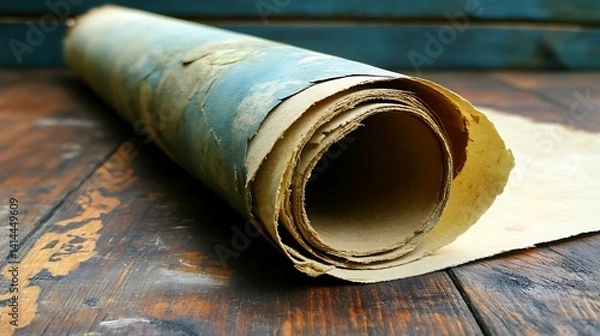 Fototapeta Antique rolled parchment on rustic wooden surface evokes aged secrets