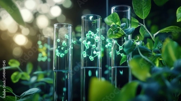 Fototapeta A futuristic concept of plant-based drug discovery with holographic molecular structures and test tubes