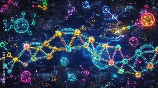 Fototapeta Abstract DNA chain surrounded by neon atoms and futuristic chemical formulas